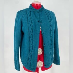 Vibrant Blue / Green Vintage Handmade Knit Cardigan Sweater 60s / 70s